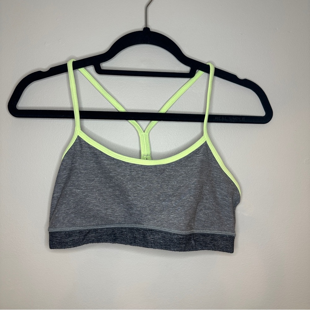 Lululemon grey and yellow flow y bra 8